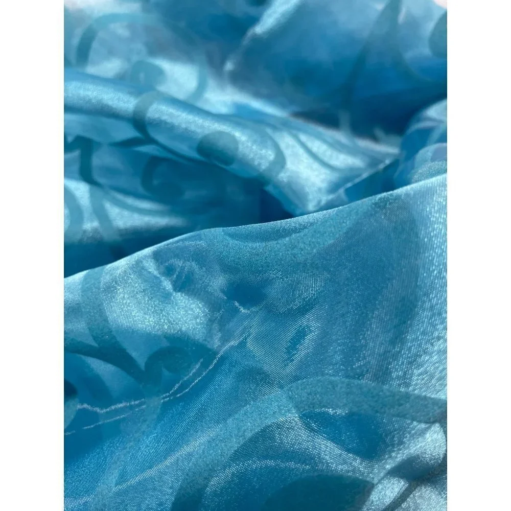 Fabric Organza Blue Turquoise Teal Scroll 66